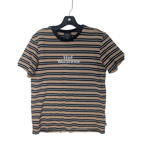 Huf Worldwide Brown Striped Short Sleeve Ringer T Shirt S Small - Picture 1 of 7
